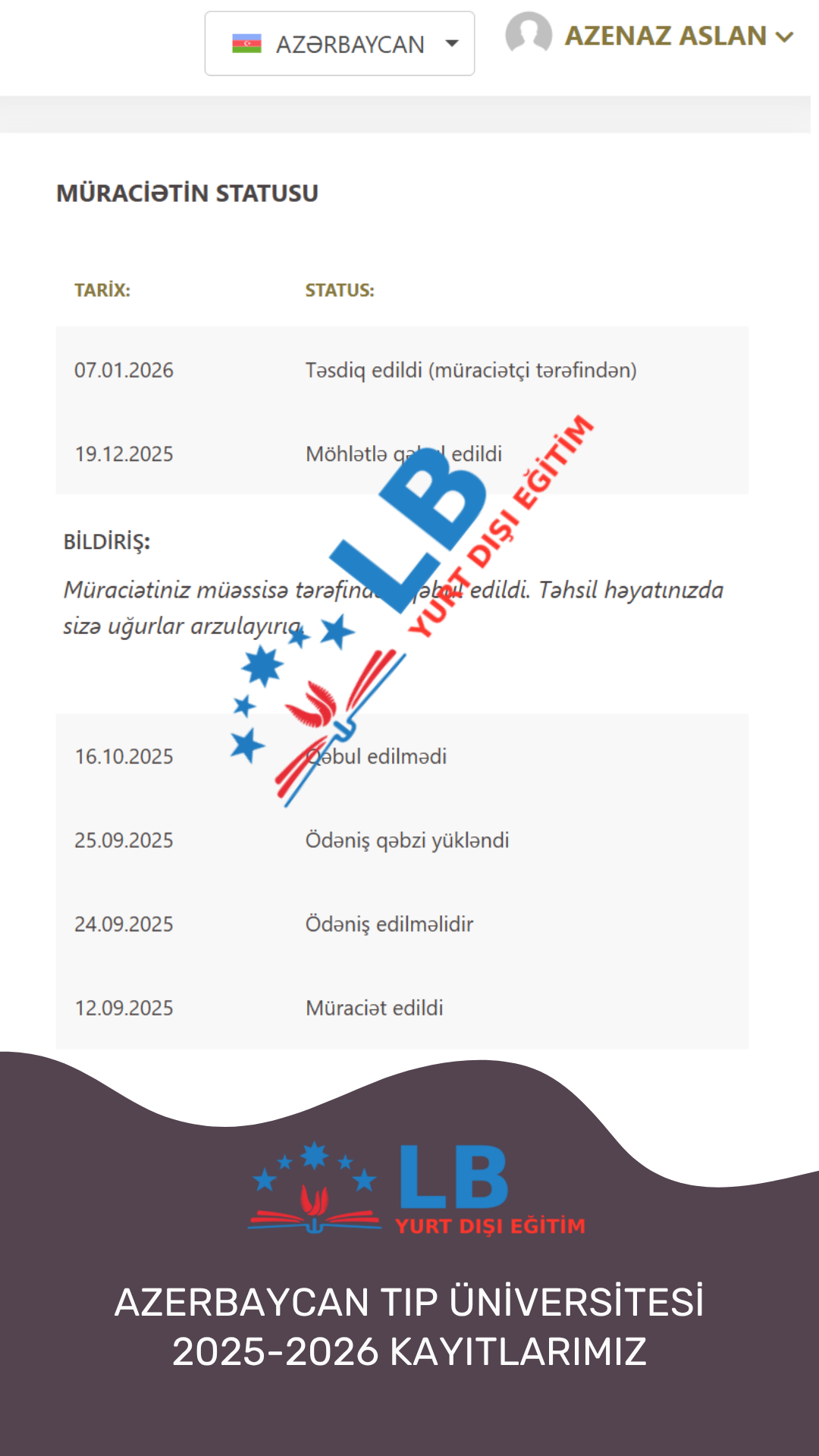 2025-2026 Azerbaycan Tıp Üniversitesi Kabullerimiz