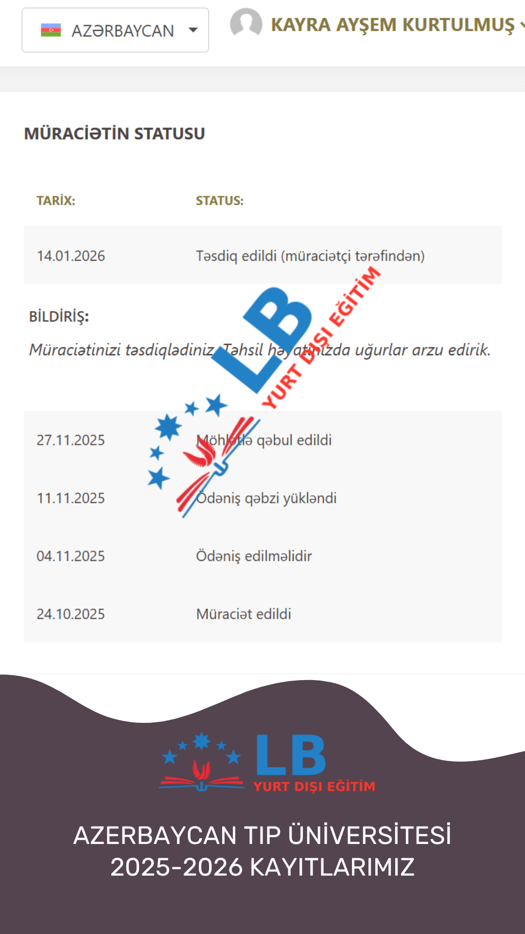 2025-2026 Azerbaycan Tıp Üniversitesi Kabullerimiz