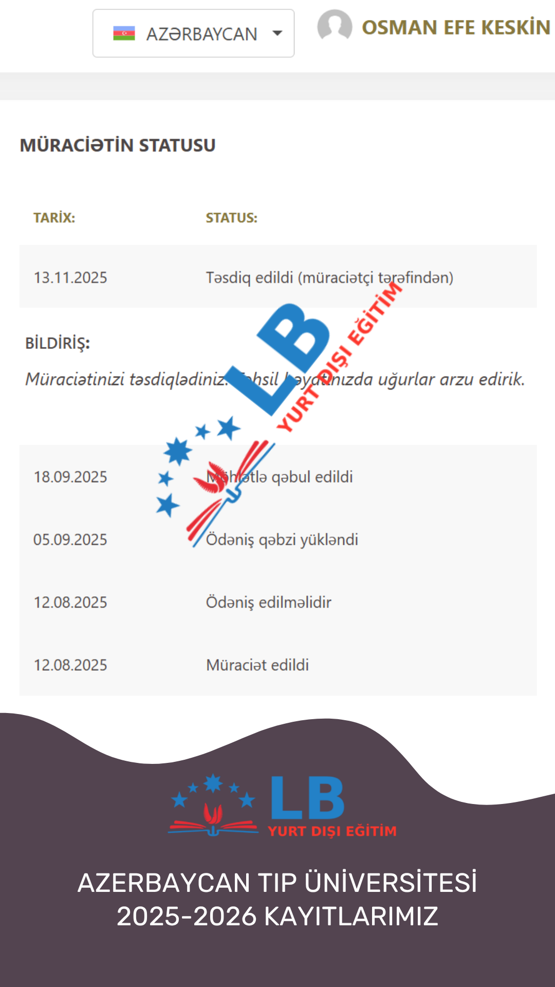 2025-2026 Azerbaycan Tıp Üniversitesi Kabullerimiz